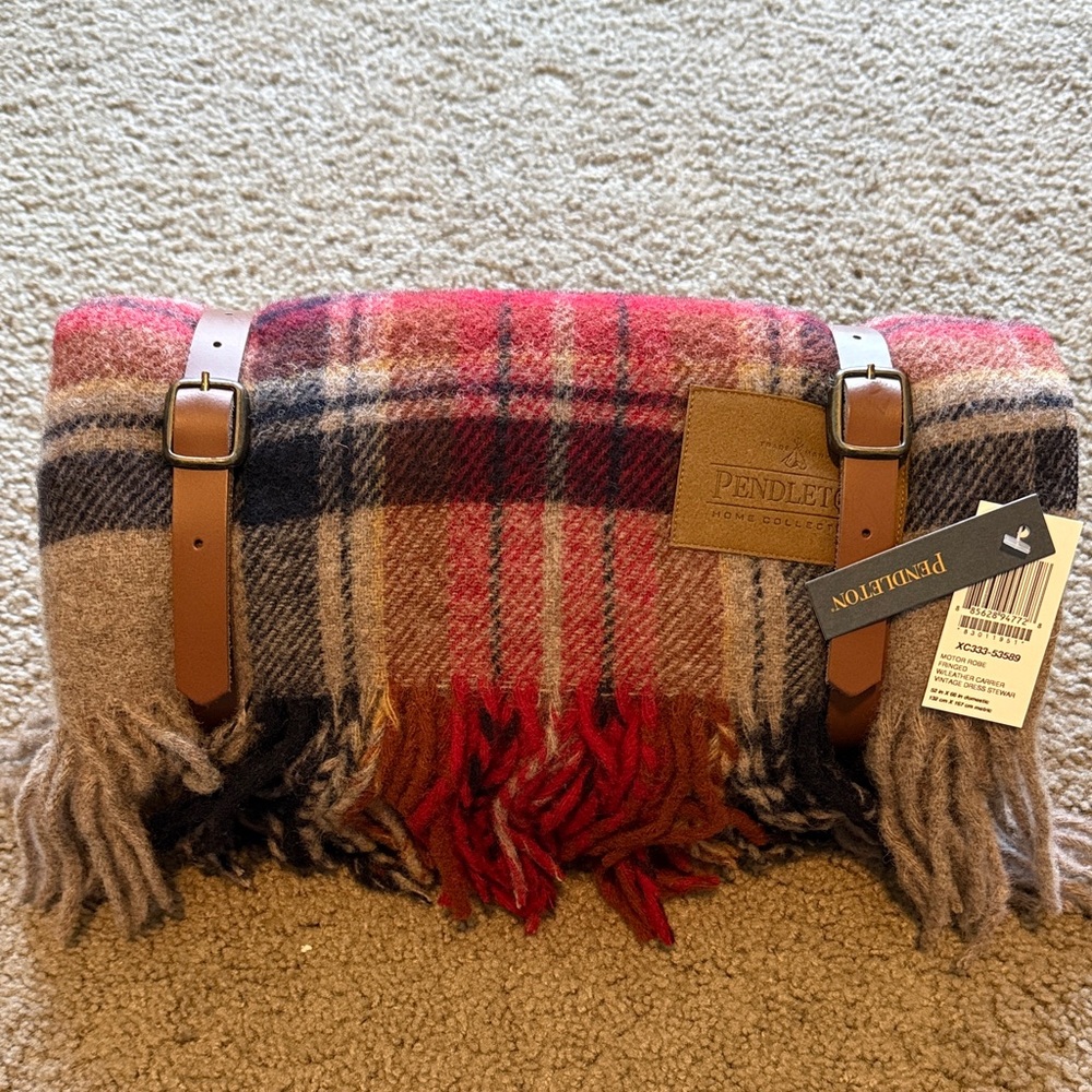Pendleton Multicolor Plaid Wool Travel Blanket with Leather Straps